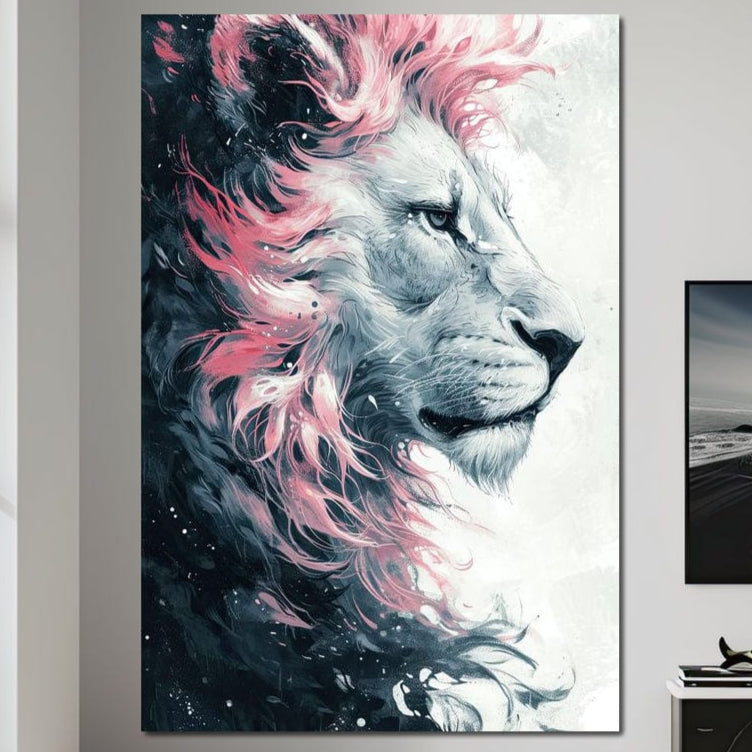 tablou canvas cu un leu surprins din profil, redat in nuante de gri si roz