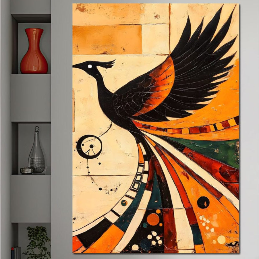 tablou canvas cu o pasare Phoenix in zbor, redata in forme geometrice si culori vii pe fundal abstract