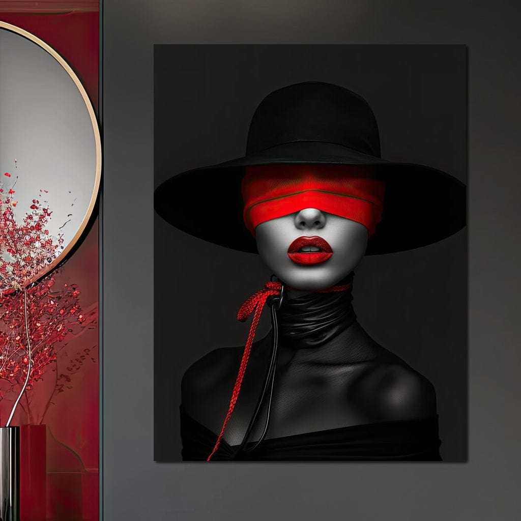 Tablou Canvas Premium, LuxCanva® G1212, Puterea Nevazuta, Noir, Infern, Voal, Mister, Eclipsa, Obscur, Rosu, Palarie, Nevazut, Buze, Doamna, Enigma, Pasiune, Tacere, Salon, Birou, Living, Dormitor