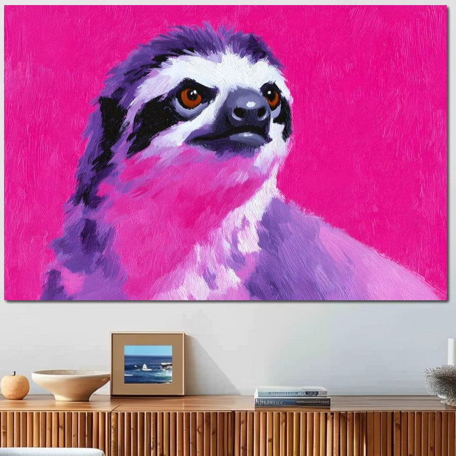 tablou canvas cu un lenes pictat in nuante vibrante, pe fundal roz neon