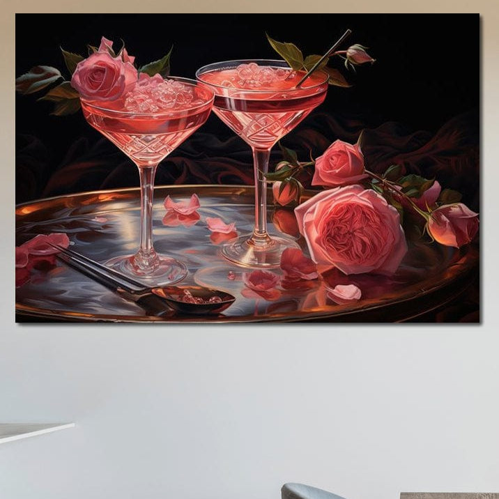 tablou canvas cu doua pahare de cocktail roz, decorate cu trandafiri si petale romantice