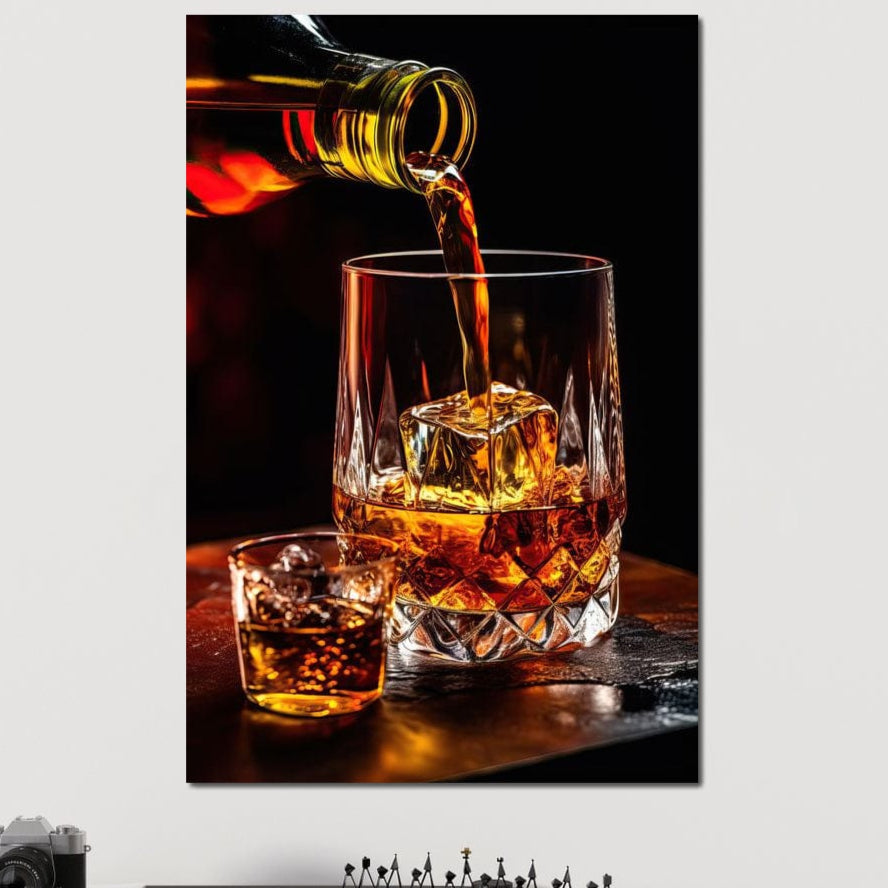 tablou canvas cu doua pahare de whisky in reflectii aurii elegante
