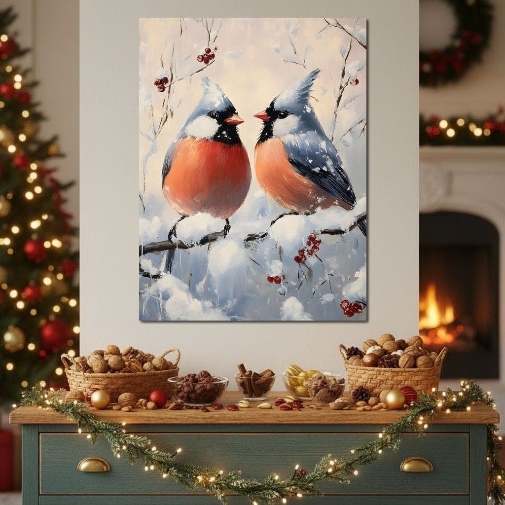 Tablou Canvas Premium, LuxCanva® D1109, Iubire Printre Fulgi, Cantec, Pereche, Iarna, Natura, Padure, Copac, Ramura, Cardinali, Cuplu, Iubire, Armonie, Pace, Zapada, Living, Dormitor