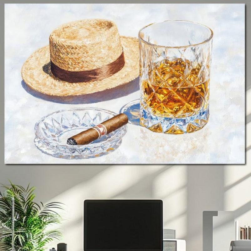 tablou canvas cu un pahar de whisky, o palarie si un trabuc intr-o scrumiera pe fundal deschis