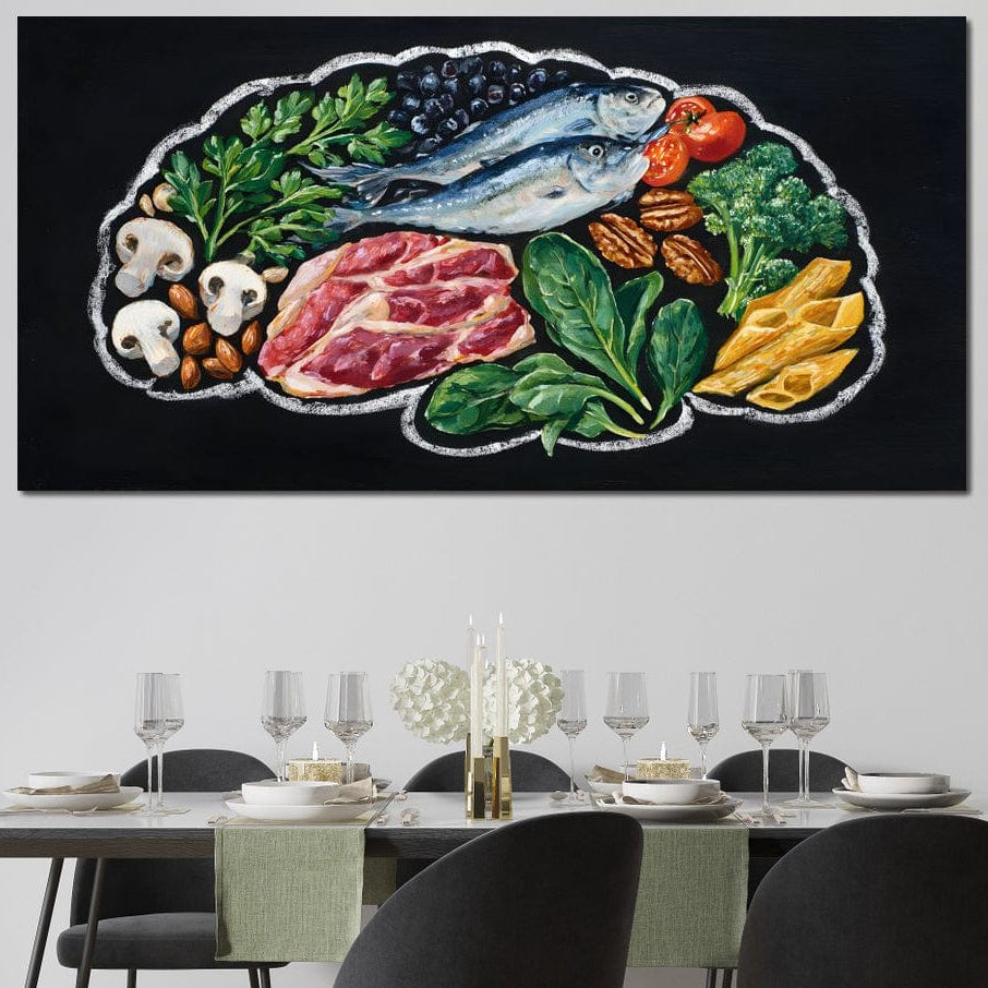 tablou canvas cu diverse legume, fructe si carne, pe fundal intunecat, incadrate armonios intr-o forma trasata cu alb