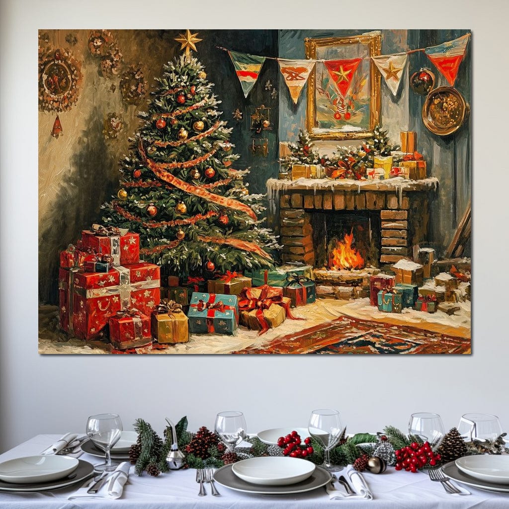 Tablou Canvas Premium LuxCanva® D1019, Noaptea de Ajun ,  Brad, Beculete, Semineu, Foc, Daruri, Living Room, Culori vibrante