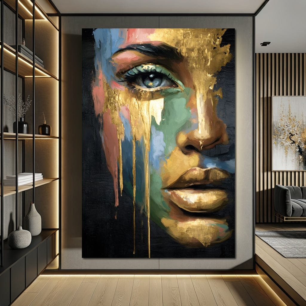Tablou Canvas Premium, LuxCanva® G1238, Femeia in Aur Topit, Aur, Metalic, Forta, Auriu, Lux, Privire, Intens, Chip, Feminin, Decorativ, Frumusete, Colorat, Abstract, Lumina, Salon, Living, Dormitor