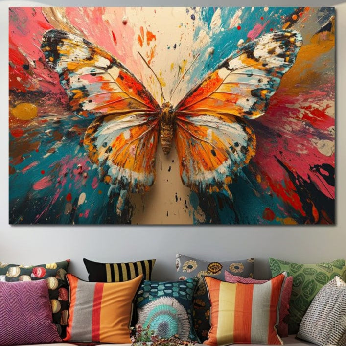 tablou canvas cu un fluture portocaliu pe fundal abstract multicolor