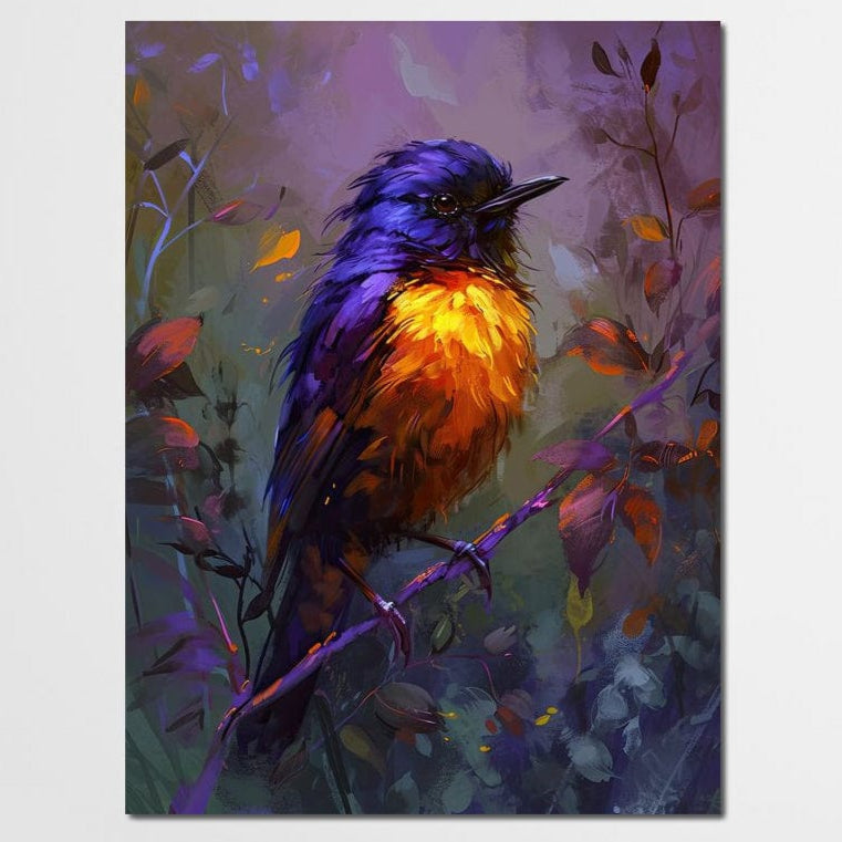 tablou canvas cu o pasare colorata in nuante vibrante, pe o ramura cu frunze multicolore