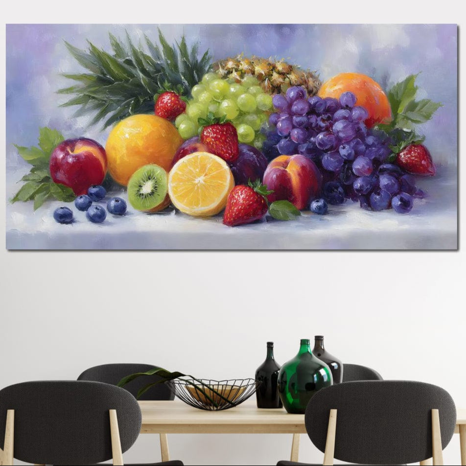 tablou canvas cu o multitudine de fructe exotice, struguri, portocale, capsuni, afine, ananas si piersici pictate pe un cadru deschis