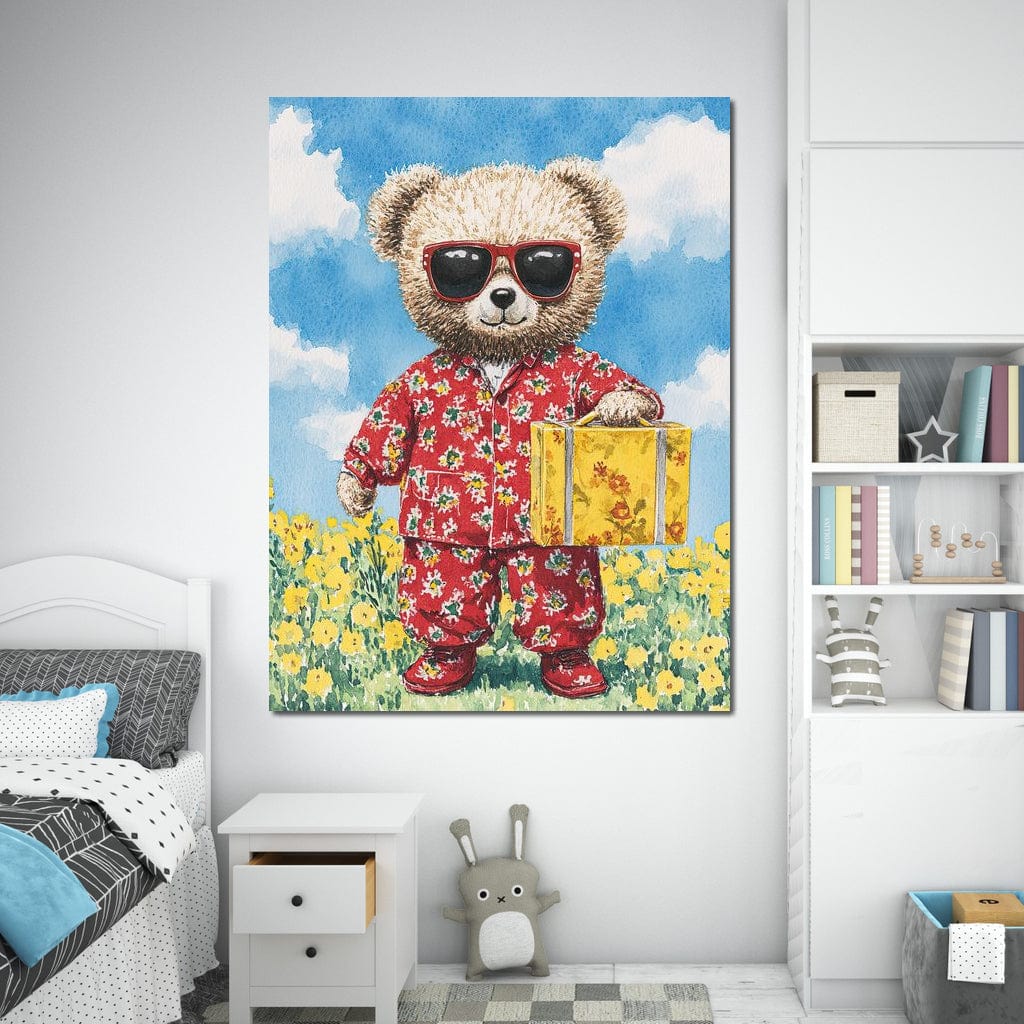 Tablou Canvas Premium, LuxCanva® K1002, Ursuletul In Vacanta, Geanta, Flori, Pijamale, Ochelari de Soare, Plus, Vacanta, Copilarie, Prieten, Aventura, Cool, Camera Copii