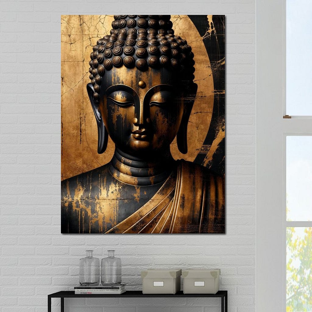 Tablou Canvas Premium LuxCanva® I130, Atingerea Nirvanei, Buddha, Zen, Spiritualitate, Meditatie, Armonie, Iluminare, Echilibru, Gold, Cadou Simbolic, Living, Dormitor