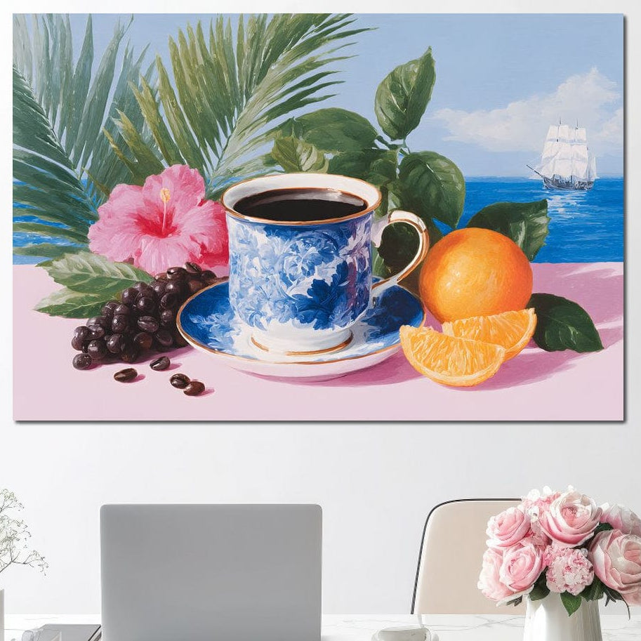 tablou canvas cu o ceasca de cafea, o portocala si boabe de cafea, pe o masa roz cu flori si frunze, pe fundal exotic cu o barca pe apa