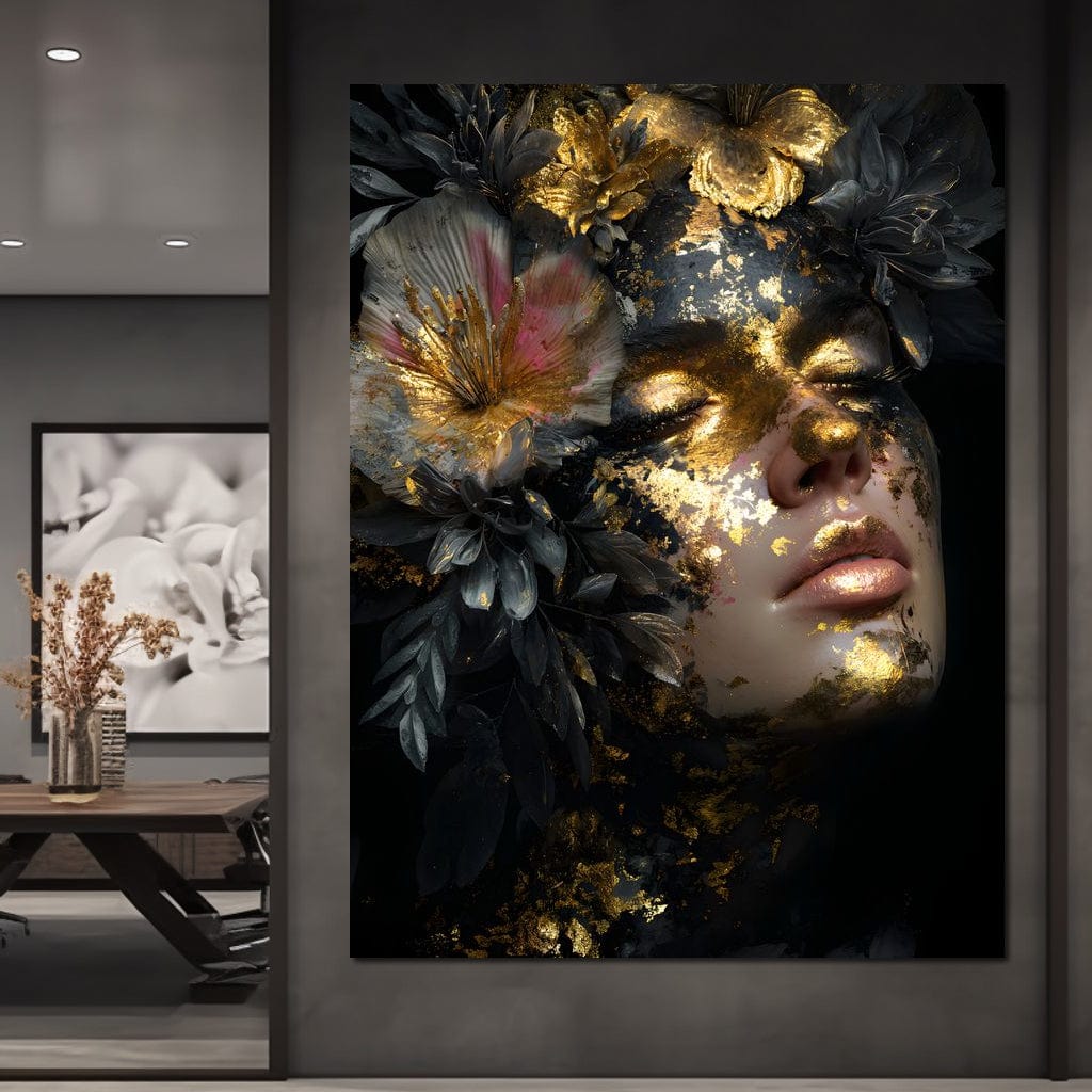 Tablou Canvas Premium, LuxCanva® G1219, Somnul Zeitei, Alchimie, Aur, Flori, Secret, Noapte, Incoronat, Baroc, Opulenta, Floral, Metamorfoza, Obscur, Mistic, Salon, Birou, Living, Dormitor