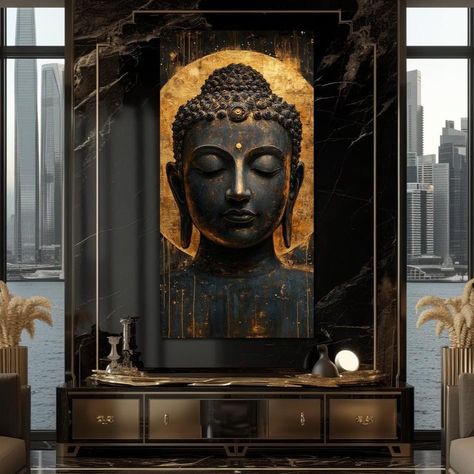Tablou Canvas Premium LuxCanva® I146, Energie si Liniste, Buddha, Zen, Liniste, Intelepciune, Iluminare, Spiritualitate, Armonie, Urna, Aura, Foc, Gold, Living, Dormitor