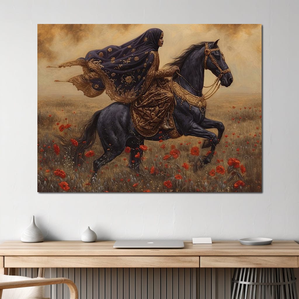 Tablou Canvas Premium, LuxCanva® G1095, Galop Printre Maci, Epic, Libertate, Armasar, Maci, Oriental, Printesa, Calatorie, Vant, Living, Dormitor