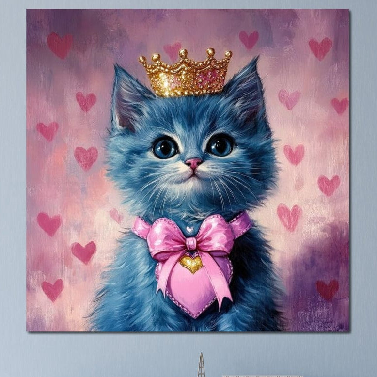 tablou canvas cu o pisica mica cu coroana de aur si o fundita roz, pe fundal abstract cu inimioare