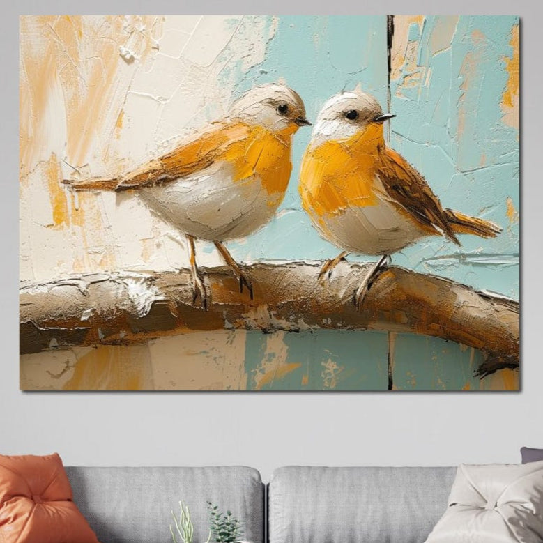 tablou canvas cu doua pasari galbene pe o ramura pe fundal texturat in stil pictura