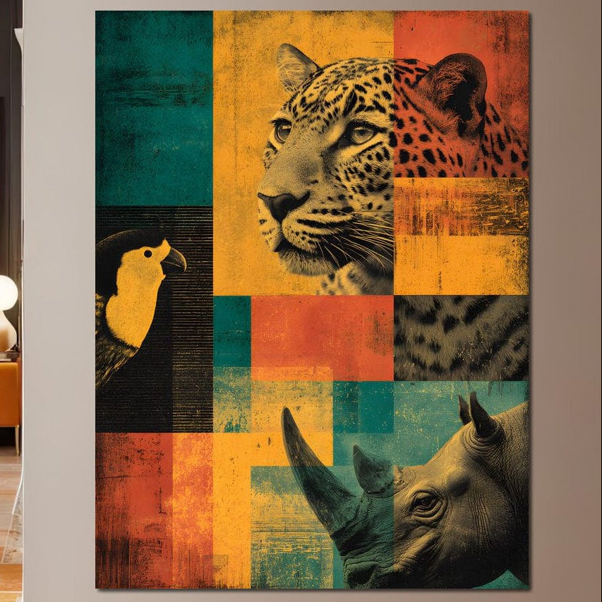 tablou canvas cu un leopard, un rinocer si o pasare exotica, redate intr-un cadru abstract in nuante calde de galben si portocaliu si accente turcoaz