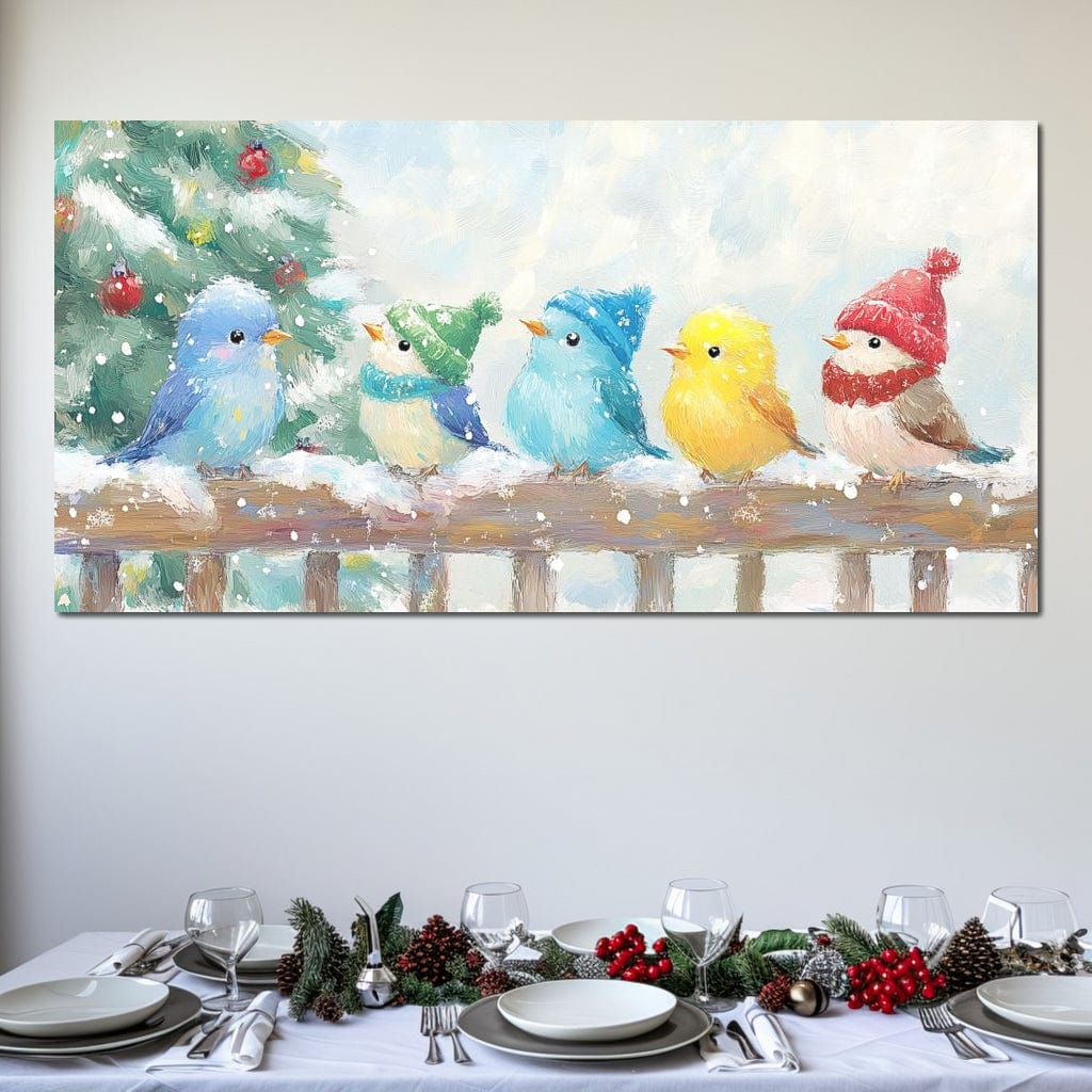 Tablou Canvas Premium LuxCanva® D1044, Pasarele in Straie de Iarna , Vrabiute, Iernatica, Veselie, Cantec, Prietenie, Living Room, Culori vibrante