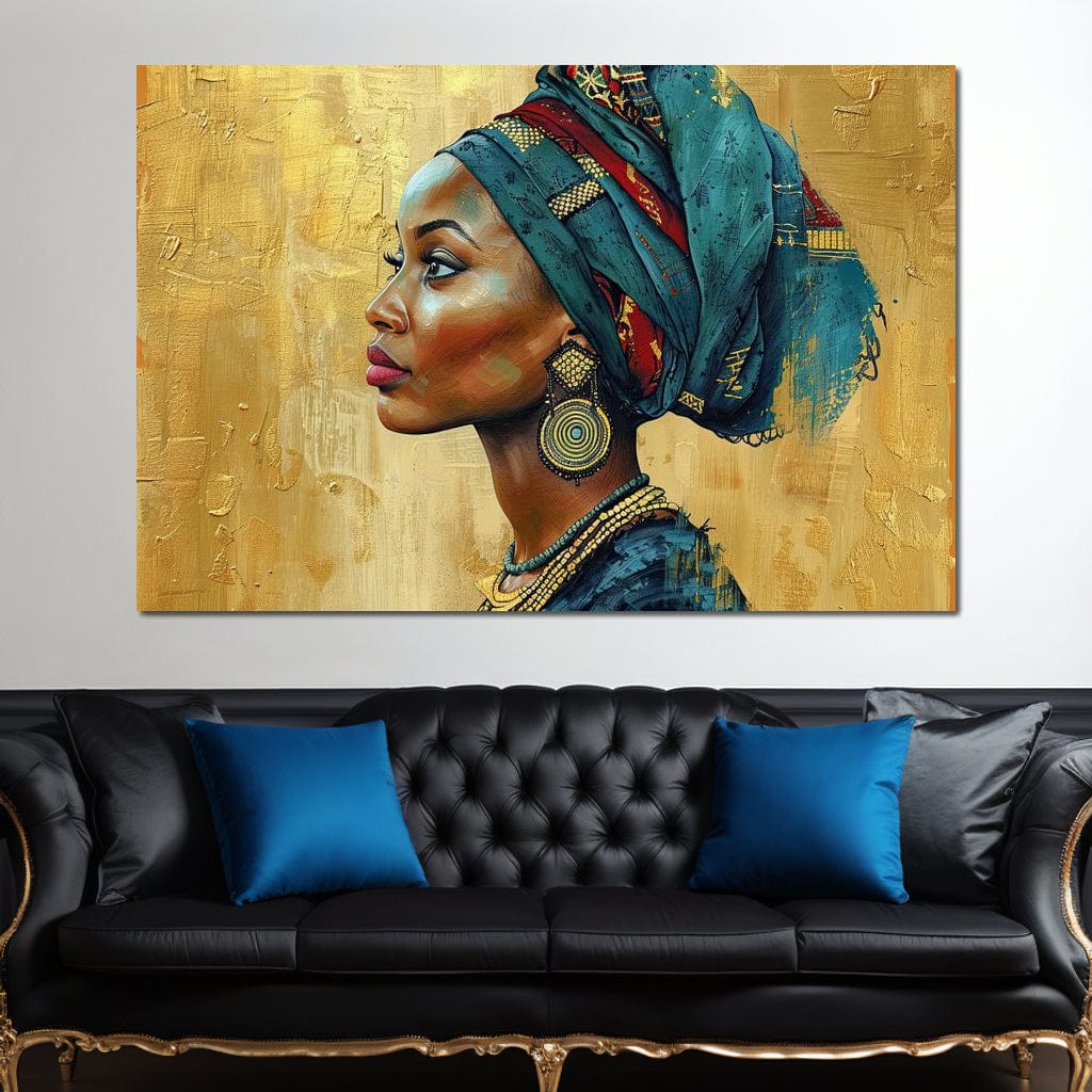 Tablou Canvas Premium, LuxCanva® G1126, Regina din Nisipuri, African, Regal, Turban, Traditie, Cultura, Identitate, Gold, Etnic, Mostenire, Living, Dormitor