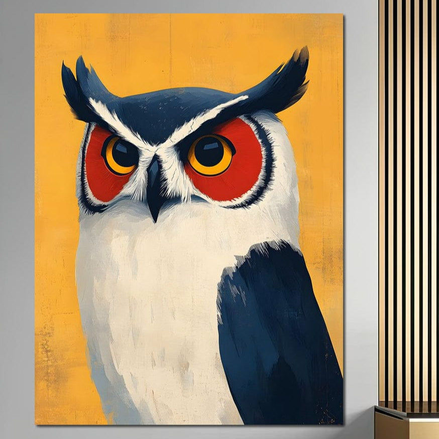 tablou canvas cu o bufnita expresiva in stil grafic, redata in tonuri de albastru si alb pe fundal galben cald