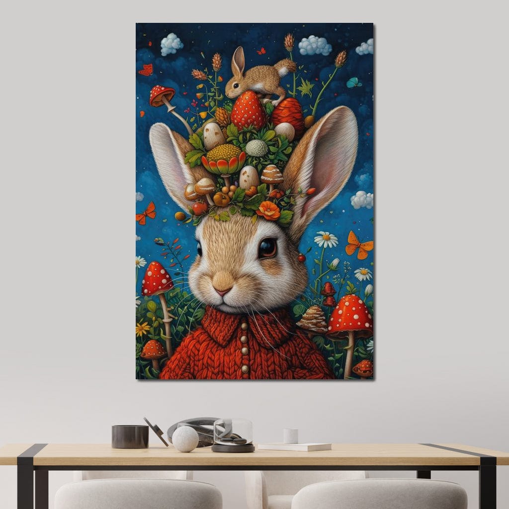 Tablou Canvas Premium, LuxCanva® K1006, Iepurasul Si Gradina Magica, Padurar, Palarie, Fermecata, Print, Padure, Ciupercute, Norisori, Capsuni, Basm, Decor, Camera Copii