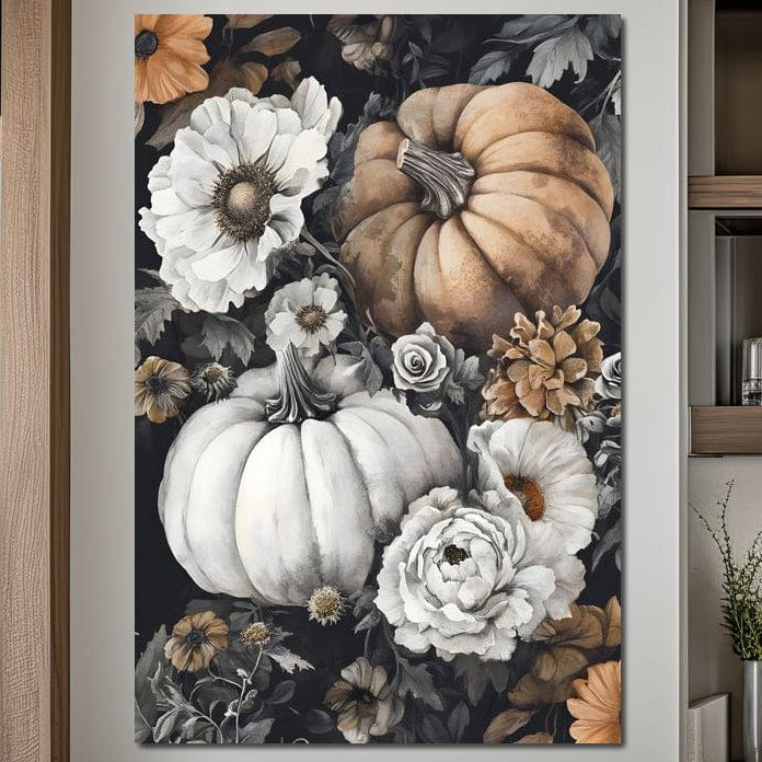 tablou canvas cu dovleci printre flori in nuante de gri si portocaliu