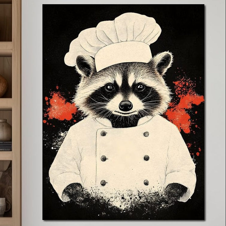 tablou canvas cu un raton imbracat in costum de bucatar, pe fundal intunescat cu accente rosii si albe