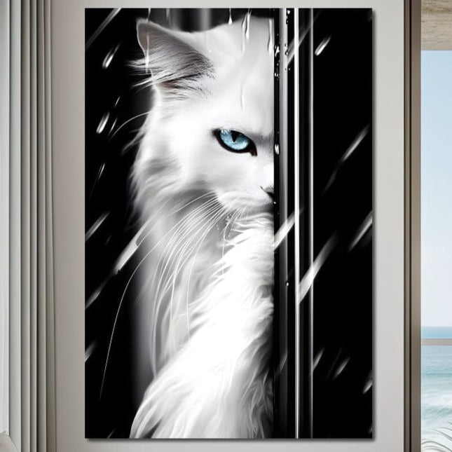 tablou canvas cu o pisica alba cu ochi albastri si privire patrunzatoare, pe fundal negru
