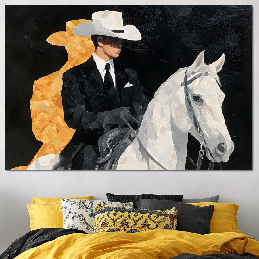 tablou canvas cu un cowboy la costum cu palarie si umbra aurie, pe un cal alb intr-un cadru negru