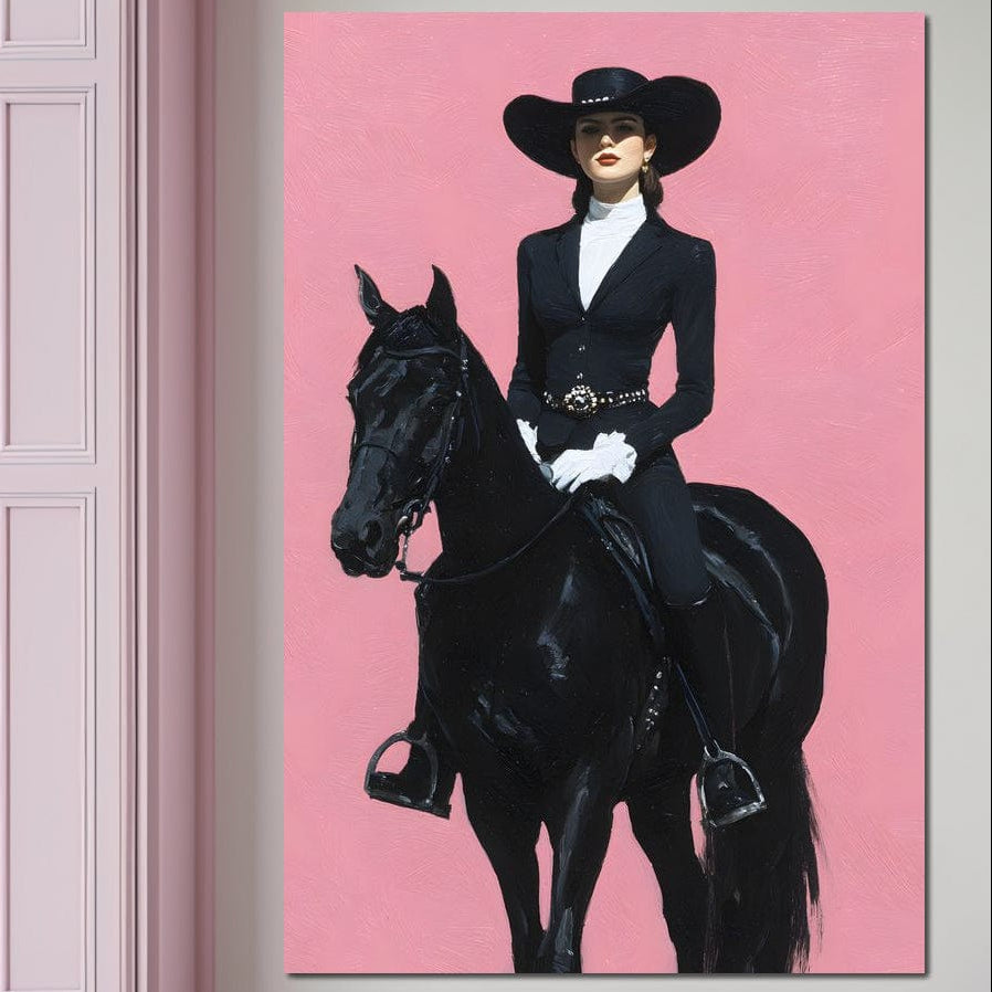 tablou canvas cu o femeie imbracata elegant, pe un cal negru, pe fundal roz pastelat