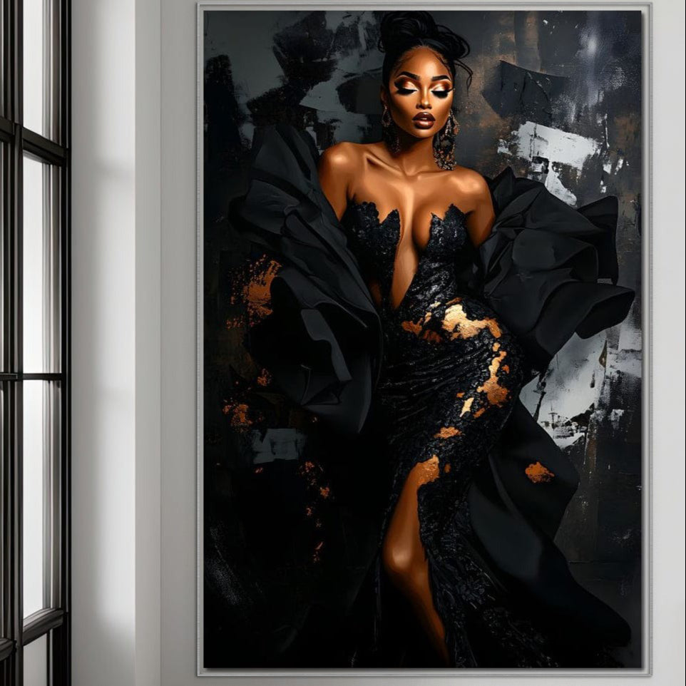 Tablou Canvas Premium, LuxCanva® G1196, Regina Couture, Eleganta, Flacara, Negru, Rochie, Noapte, Dans, Catifea, Incandescenta, Mitologie, Abis, Gratie, Vogue, Birou, Living, Dormitor