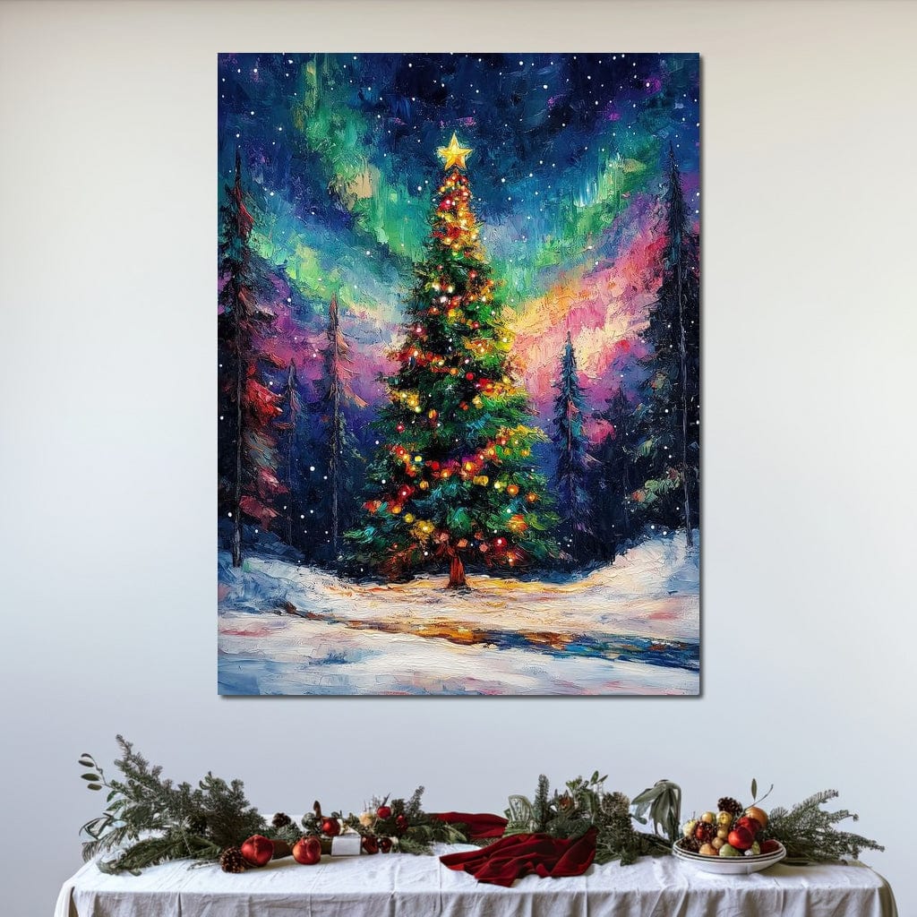 Tablou Canvas Premium LuxCanva® D1052, Aurora Boreala si Magia Bradului , Aurora, Craciun, Luminite, Padure, Instalatie, Living, Culori vibrante