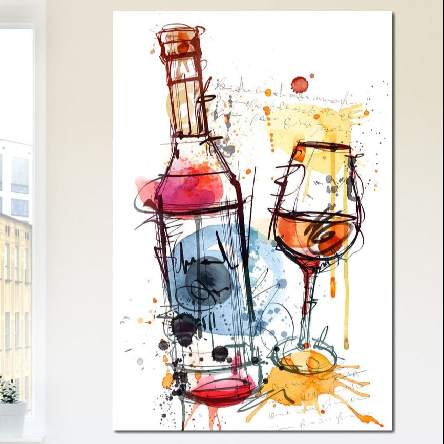 tablou canvas cu o sticla si un pahar de vin, desenate in stil abstract in culori jucause pe fundal deschis