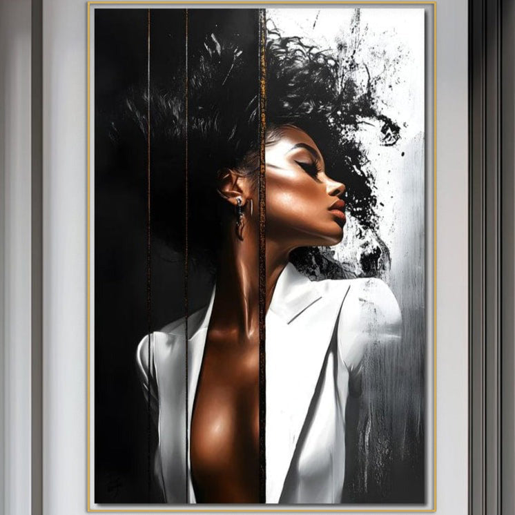 Tablou Canvas Premium, LuxCanva® G1182, Forta Feminitatii, Alb, Negru, Stil, Eleganta, Armonie, Lux, Urban, Auriu, Blazer, Par, Portret, Dinamism, Fashion, Birou, Living, Dormitor