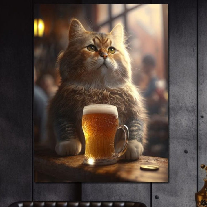 tablou canvas cu un motan o bere rece cu spuma, intr-un bar vintage cu oameni