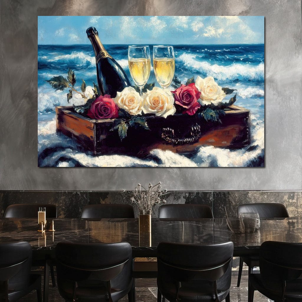Tablou Canvas Premium LuxCanva® E1052, Sampanie la Tarmul Marii, Valuri, Pahare, Lux, Trandafiri, Exotic, Living Room, Culori vibrante