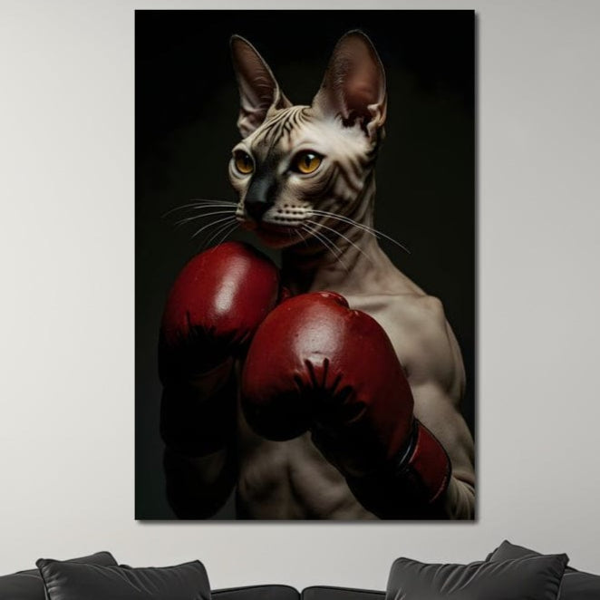 tablou canvas cu o pisica sphynx, cu manusi de box rosii pe fundal negru clasic