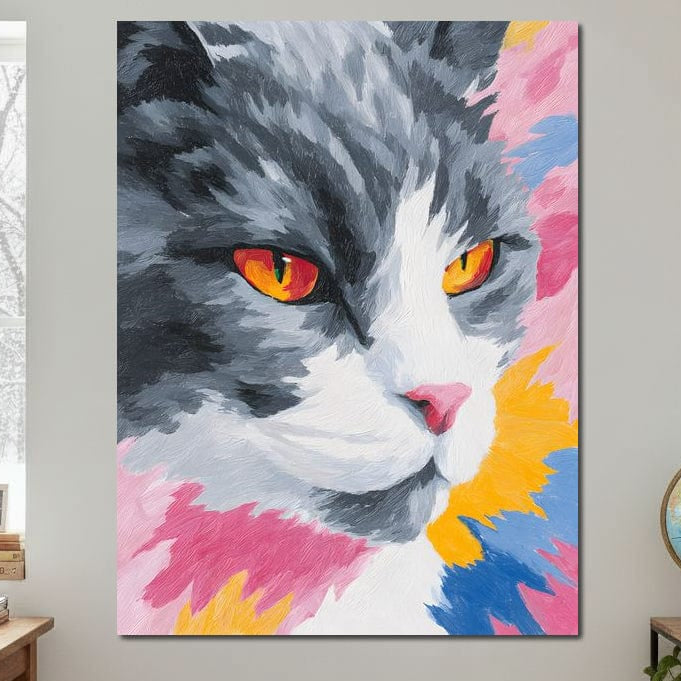 tablou canvas cu o pisica cu ochi portocalii, pictata pe fundal multicolor 