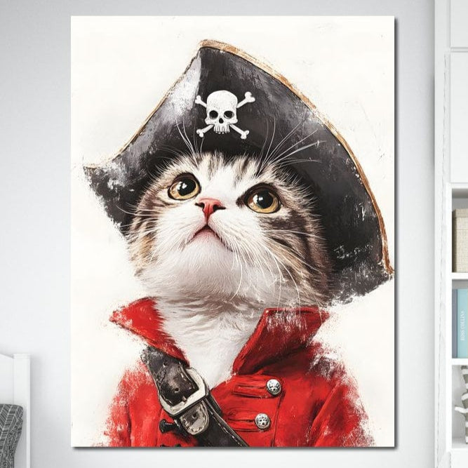 tablou canvas cu un pui de pisica imbracata in costum de pirat, pe fundal deschis si luminos