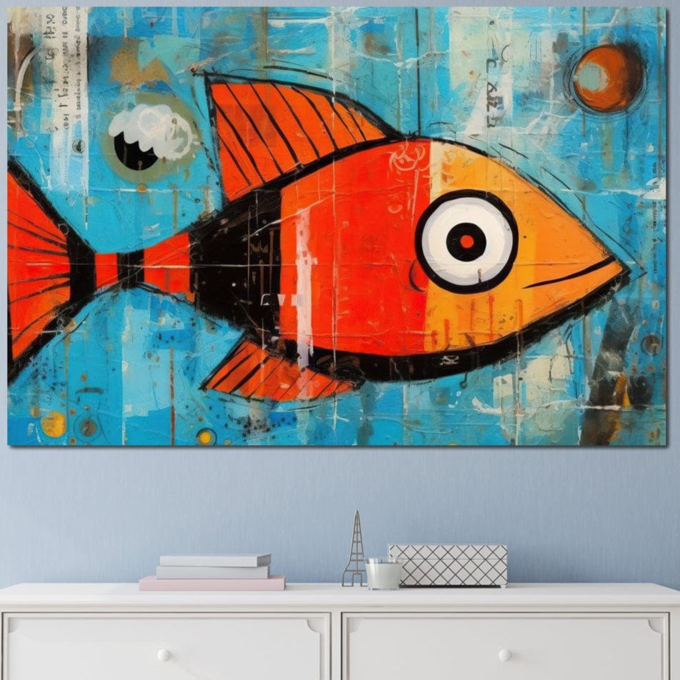 tablou canvas cu un peste portocaliu animat, pe fundal albastru si abstract