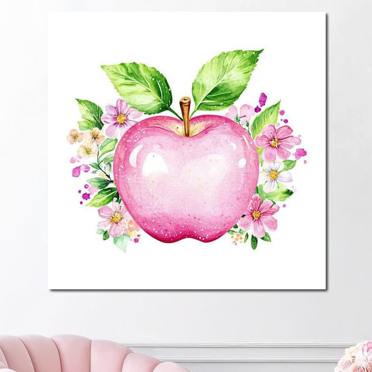 tablou canvas cu un mar roz, inconjurat de flori colorate si frunze verzi pe fundal deschis