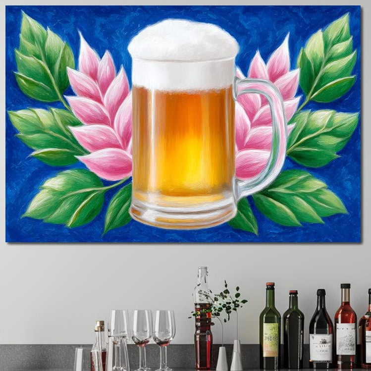 tablou canvas cu o halba de bere blonda cu spuma, pictata pe fundal albastru cu frunze si flori roz