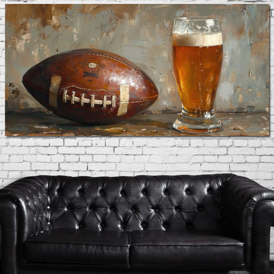 tablou canvas cu un pahar de bere rece cu spuma, langa o minge de fotbal american, pe fundal pictat in stil rustic