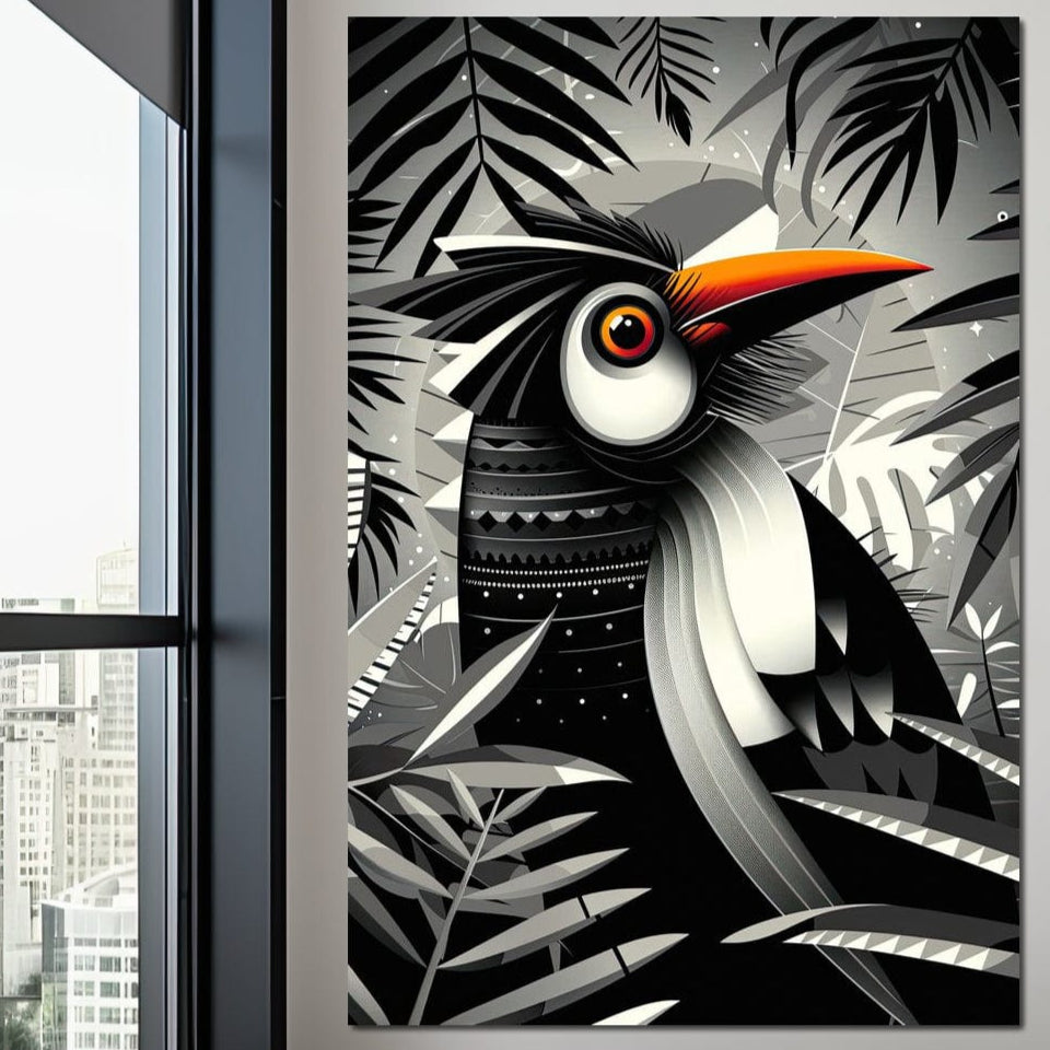 tablou canvas cu o pasare exotica cu cioc portocaliu pe fundal de jungla abstracta alb si negru