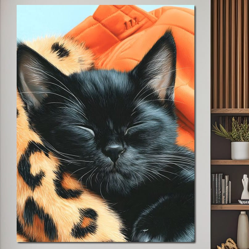 tablou canvas cu o pisica neagra dormind profund pe o patura cu animal print leopard, pe fundal albastru pastelat