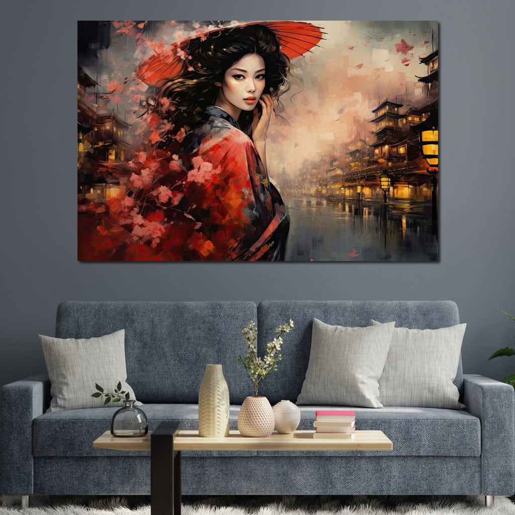 Tablou Canvas Premium, LuxCanva® G1116, Eleganta Japoneza, Gheisa, Vant, Ciresi, Nipona, Umbrela, Rosie, Kyoto, Asiatica, Living, Dormitor