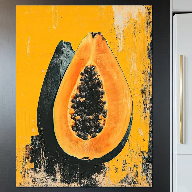 tablou canvas cu un papaya taiat in jumatati si pictat in nuante calde pe fundal galben-portocaliu in stil urban