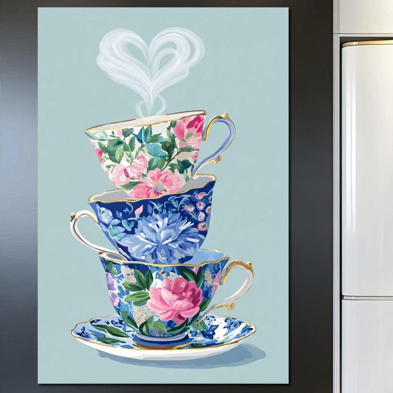 tablou canvas cu trei cesti decorate cu flori si o inima formata din aburi pe fundal albastru pastelat